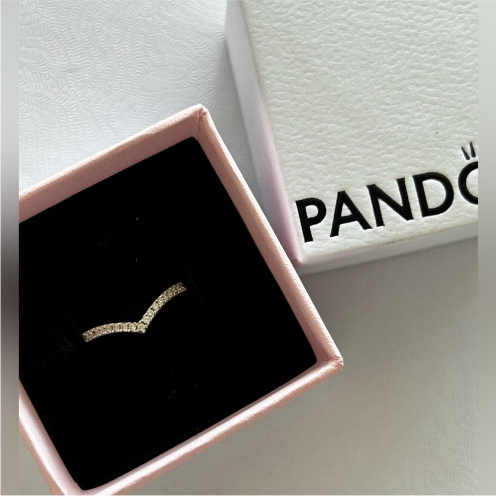 Authentic Pandora Silver pave wishbone stackable V-shaped ring with box